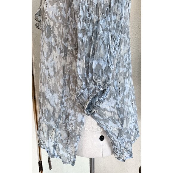 CHAN LUU Blue & Gray Sheer Viscose Blouse + Beaded Embellishments | Size M - Picture 9 of 14